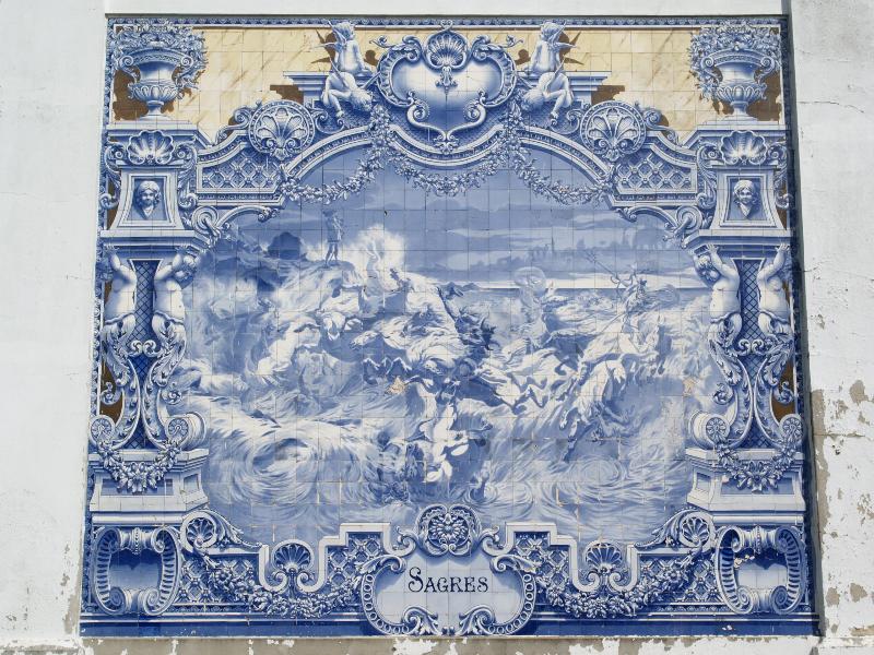 Lisbon, Portugal: Parque Eduardo VII, Pavilhao Carlos Lopes: Henry the Navigator at the Sagres Promonory (Azulejo, 1922, artist Jorge Colaco)