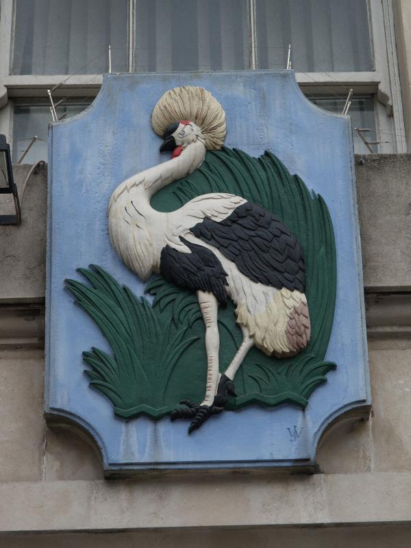 London, England: The Mall, Uganda High Commission: Crested Crane (Regulorum gibbericeps) (national bird)