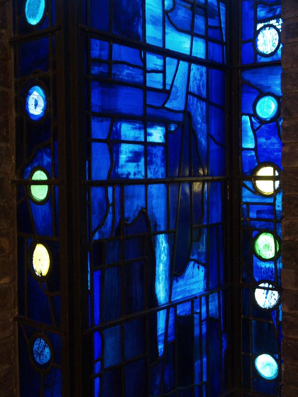 Cambridge, England: Churchill College: chapel, blue stained glass, detail (1967, artist John Piper)