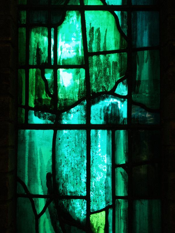 Cambridge, England: Churchill College: chapel, green stained glass, detail (1967, artist John Piper)