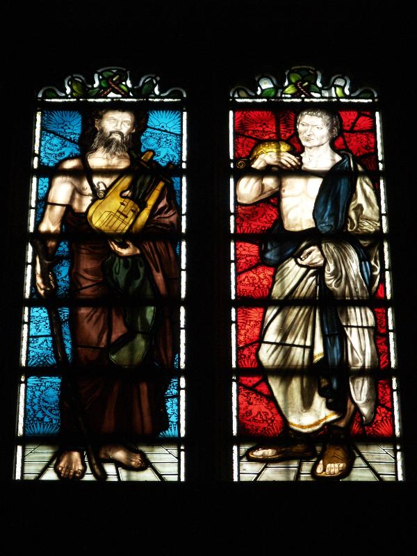 Cambridge, England: Peterhouse: Hall window, Homer and Aristotle with chameleon (1870, Ford Madox Brown)