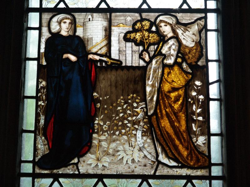 Cambridge, England: Peterhouse: Combination Room window, Hypermnestra and Phyllis (1869, Edward Burne-Jones)