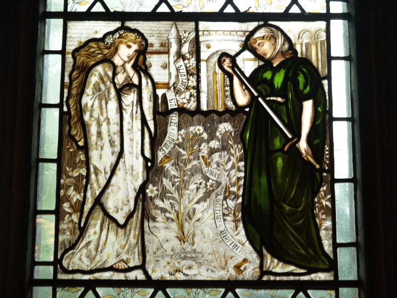 Cambridge, England: Peterhouse: Combination Room window, Ariadne and Lucrece (1869, Edward Burne-Jones)