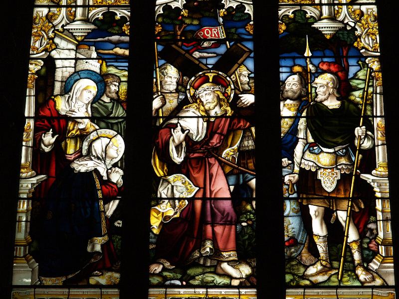 Cambridge, England: Corpus Christi College: chapel, window detail, Christ carrying the Cross