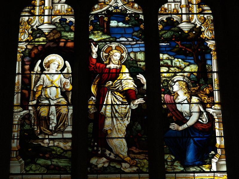Cambridge, England: Corpus Christi College: chapel, window detail, Resurrection