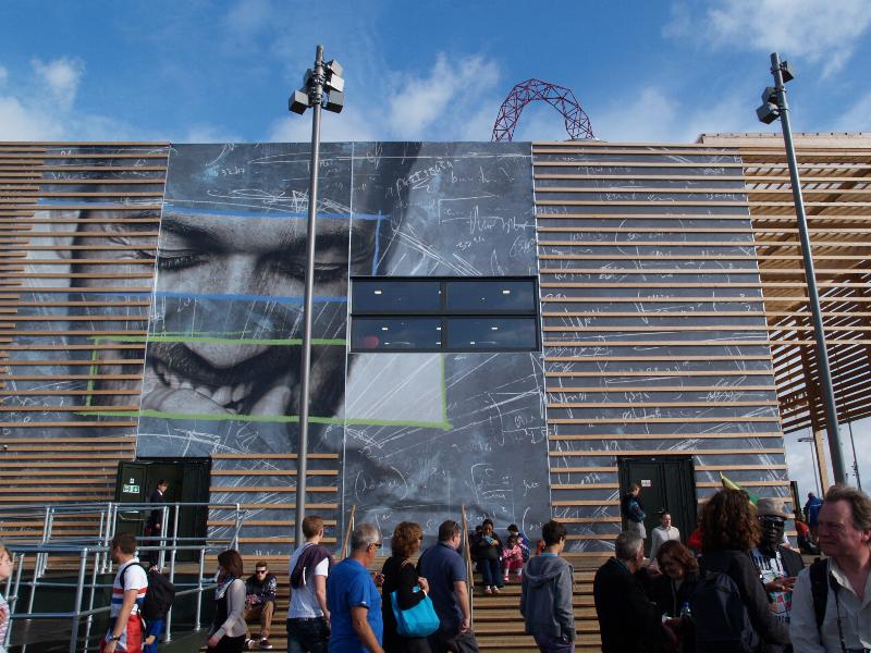 London, England: Olympic Park, smaller McDonald's: pseudo mathematics written on side
