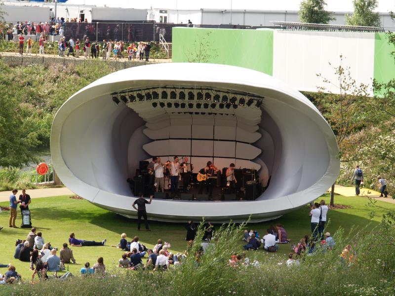 London, England: Olympic Park, Soundforms stage: 2012, BFLS Architects, designed with conductor Mark Stephenson and Arup Acoustics