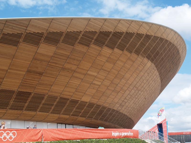 London, England: Olympic Park, Velodrome: end view (2009-2011, Hopkins Architects, Grant Associates, structural engineer Expedition Engineering)