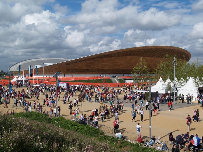 London, England: Olympic Park, Velodrome: view (2009-2011, Hopkins Architects, Grant Associates, structural engineer Expedition Engineering)