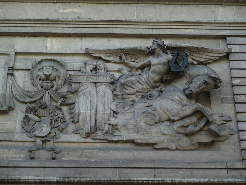 Lyon, France: Le Palais Bondy: relief at top (1904, architect Eugene Huguet, sculptor Thomas Lamothe)