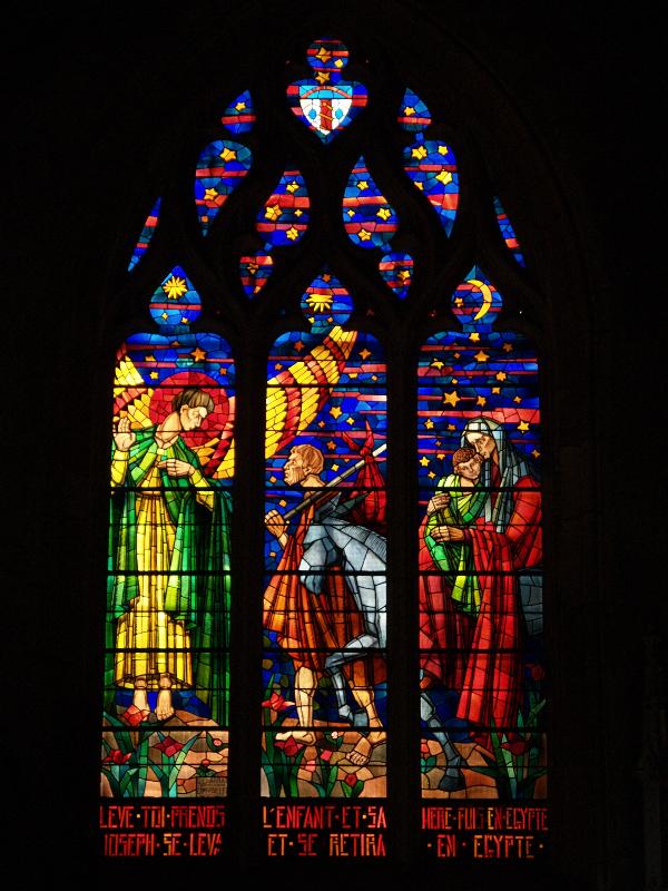 Lyon, France: L'Eglise Saint-Bonaventure: Flight into Egypt (1945, artist Louis Charrat, stained glass maker Josephine Lamy-Paille)