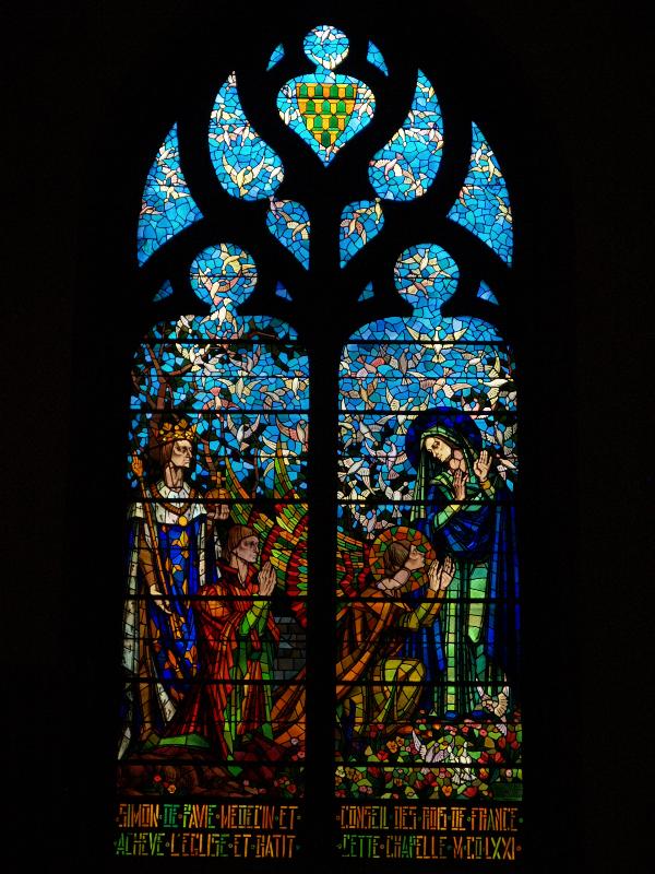 Lyon, France: L'Eglise Saint-Bonaventure: Commemoration of founding of the church (in 1471, by Simon de Pavie Wedelin) (1945, artist Louis Charrat, stained glass maker Josephine Lamy-Paille)