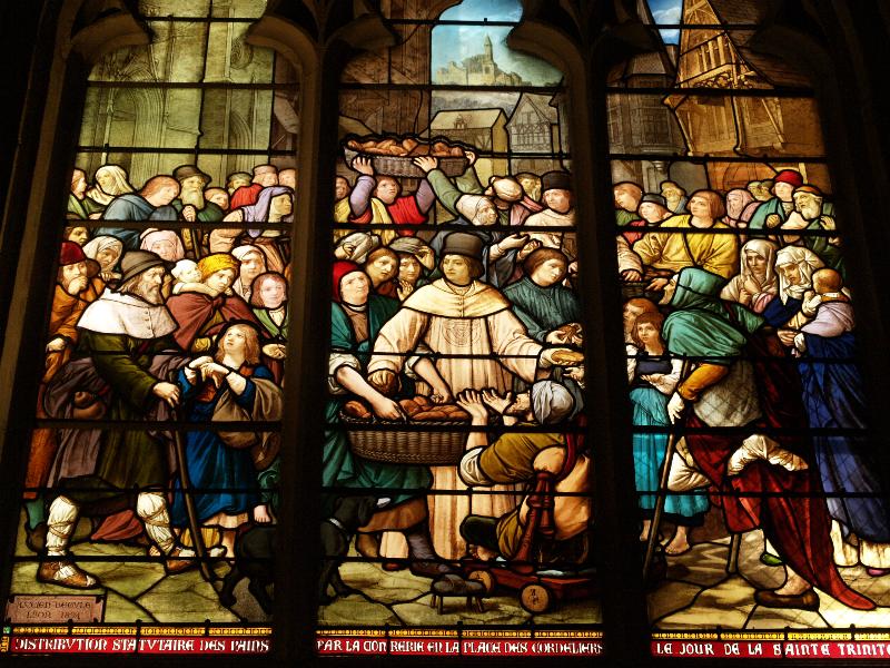 Lyon, France: L'Eglise Saint-Nizier: distributing bread in Place des Cordeliers by the Brotherhood of St Trinity (1894, Lucien Begule)