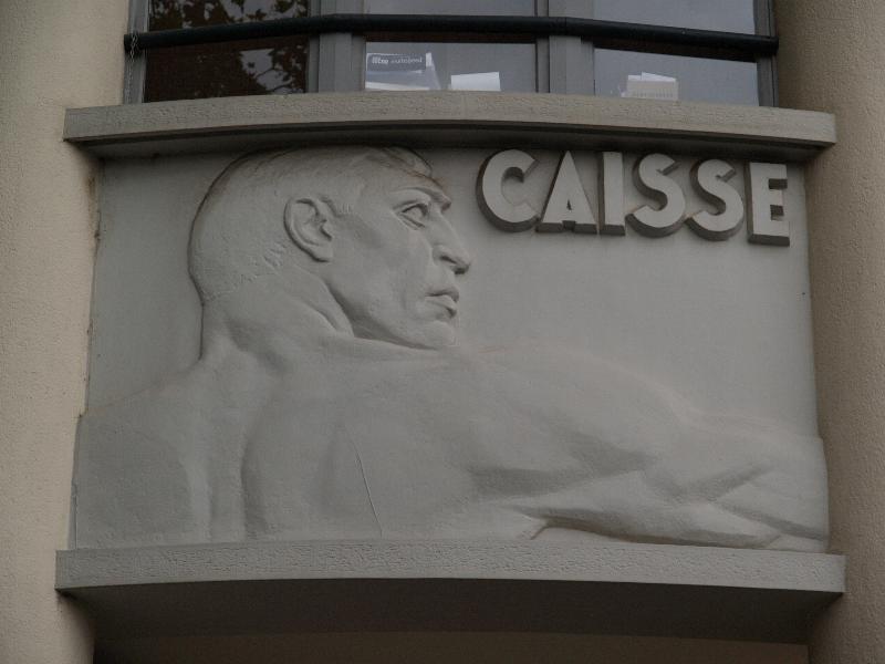 Lyon, France: Rue Voltaire, Caisse d'Assurances Sociales de Travail: man (deco, 1934-1935, architect Louis Weckerlin, sculptor Jean Dulac)