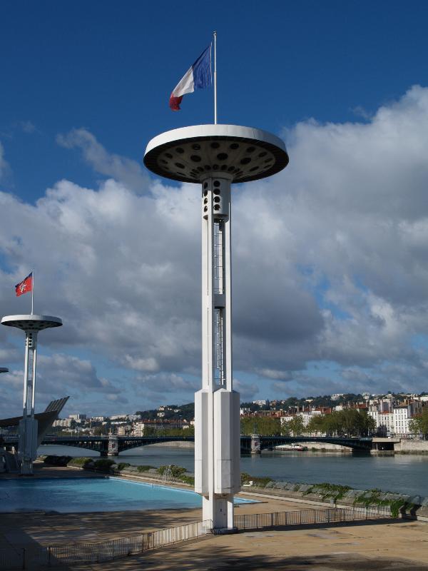 Lyon, France: Quai Claude Bernard, Piscine du Rhone: flagpoles (lamps) (1962-1965, Alexandre Audouze-Tabourin)