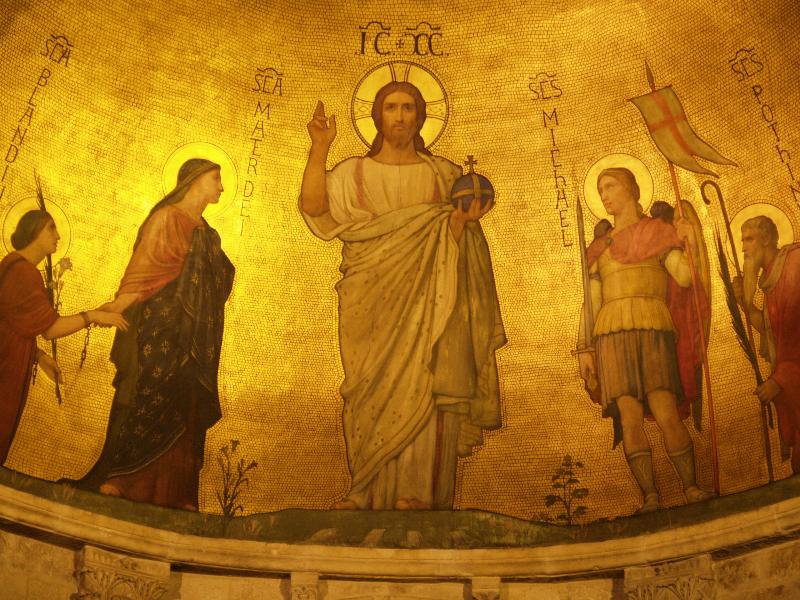 Lyon, France: Basilique Saint-Martin d'Ainay: painting (which looks like mosaic) in dome over altar (1855, Hippolyte Flandrin)