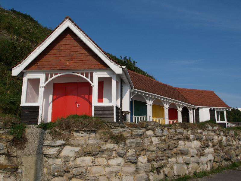 Scarborough, England: beach: beach huts (Edwardian?)
