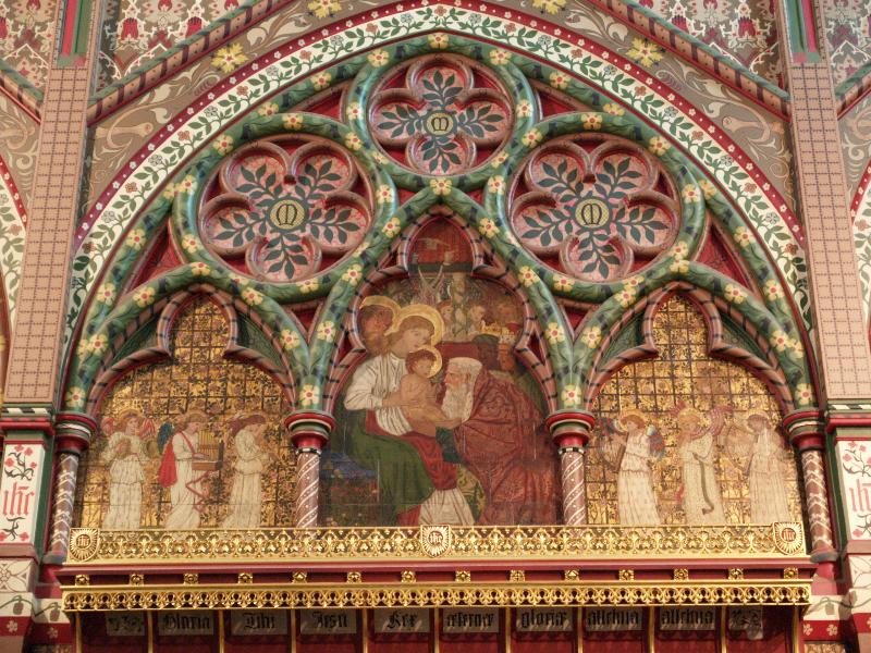 Scarborough, England: St Martin-on-the-Hill: altar decoration, detail ('canopy of honour', painted by Philip Webb)
