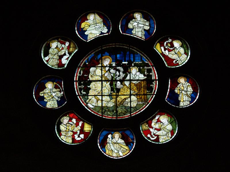 Scarborough, England: St Martin-on-the-Hill: west rose window, Annunciation (1862-1863, Burne-Jones)