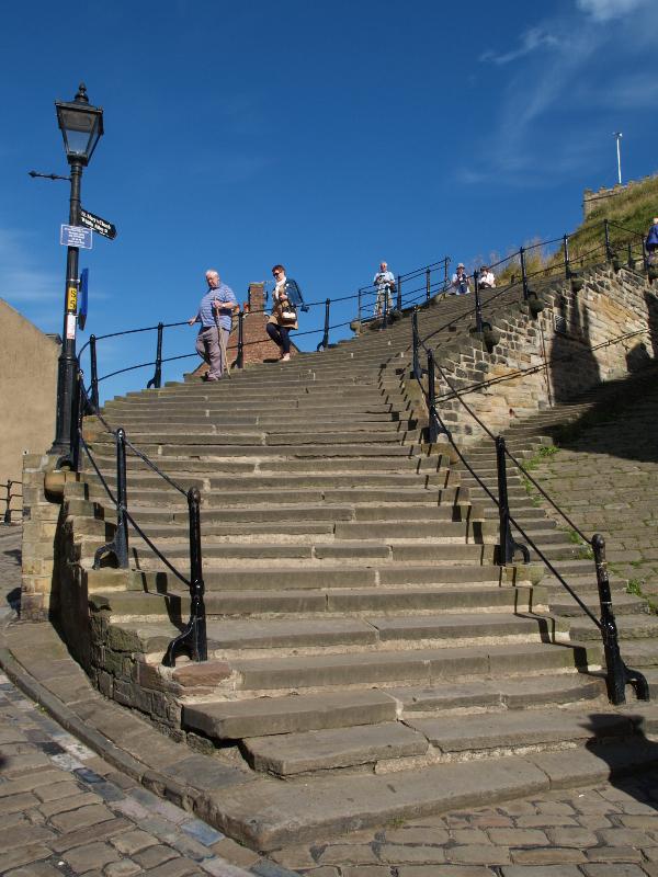 Whitby, England: Church Stairs: bottom of 199 steps down from Abbey to town