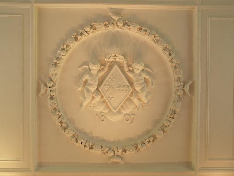 Cambridge, England: Pembroke College: dining hall, ceiling medallion