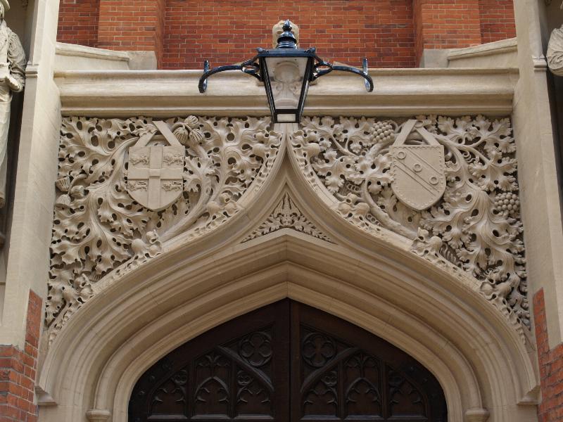 Cambridge, England: St John's College: old Divinity building, decoration over door