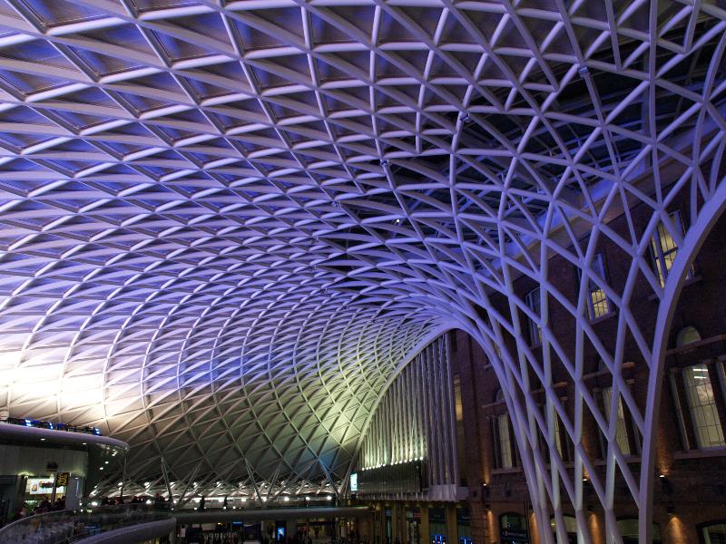 London, England: King's Cross: entrance hall roof (2009-2012, architect John McAslan and Partners, engineer Arup)