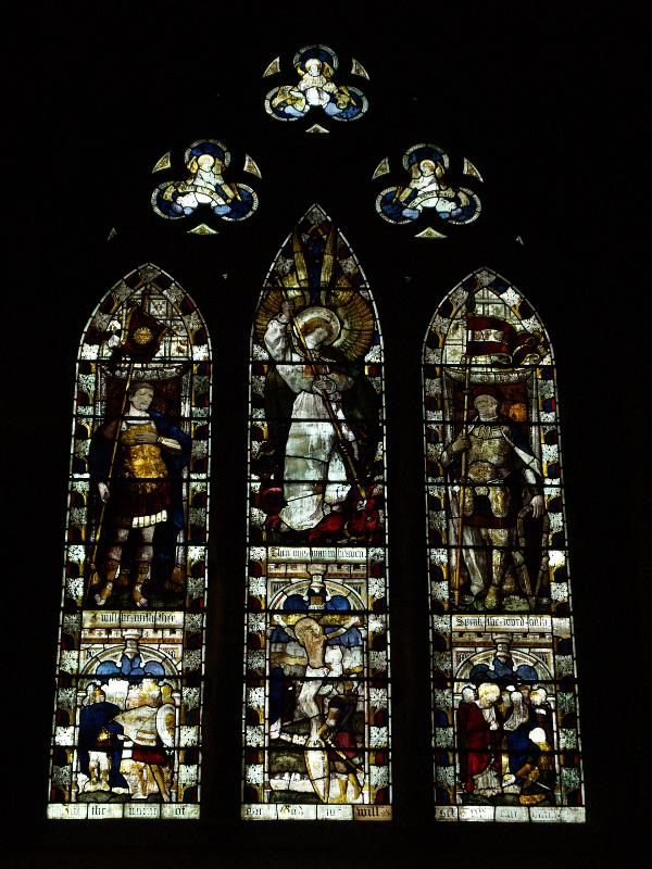 Lichfield, England: Lichfield Cathedral: Joshua, Michael and the Centurion at the Cross (1884, Burlison and Grylls)