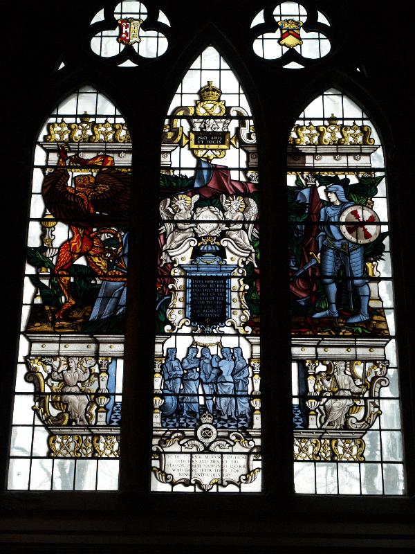 Lichfield, England: Lichfield Cathedral: Christian fighting Apollyon (scene from Pilgrim's Progress) (1951, Harry Stammers)