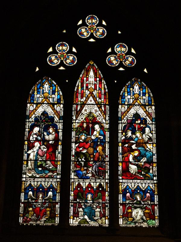 Lichfield, England: Lichfield Cathedral: Jesus with Lazarus; with Mary and Martha; with Mary Magdalene (1873, Clayton and Bell)