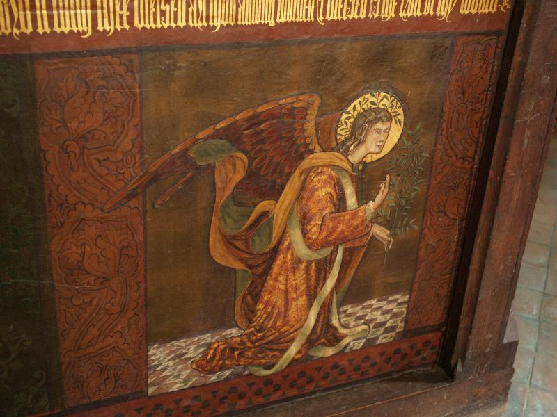 Cambridge, England: St Botolph's Church: Annunciation, Gabriel (rood screen, 1867, George Frederick Bodley?)