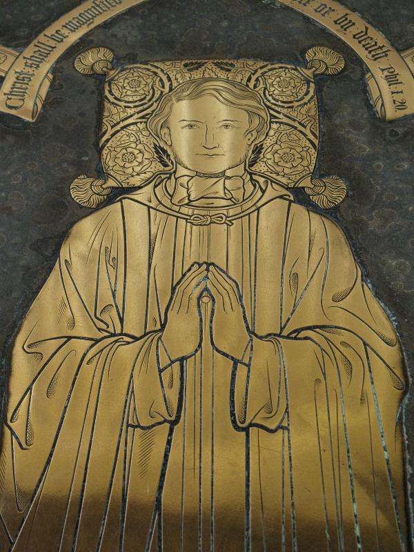 Cambridge, England: Trinity College: brass floor plaque, chapel (William John Beaumont, died 6 Aug 1868)