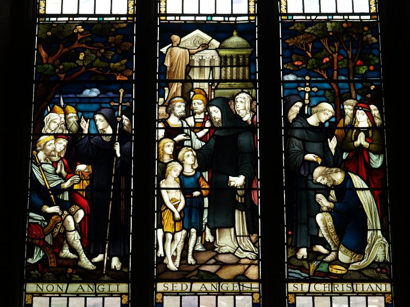 Cambridge, England: Gonville and Caius College: chapel, St Augustine of Canterbury's mission to England (commemorating Edwin Guest, died 1880)