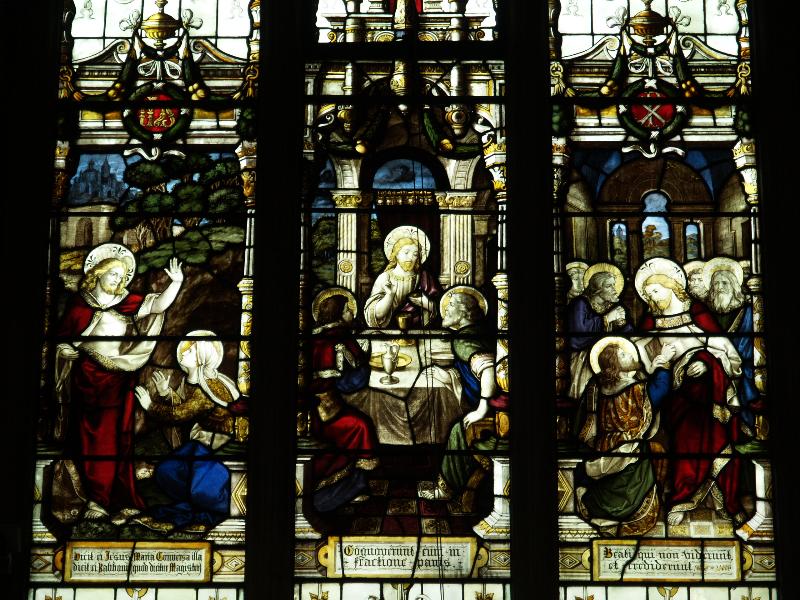 Cambridge, England: Gonville and Caius College: chapel, three of Christ's appearances after the Resurrection, to St Mary Magdalene, to Cleopas at Emmaus, and to St Thomas (commemorating George Romanes, died 1894)