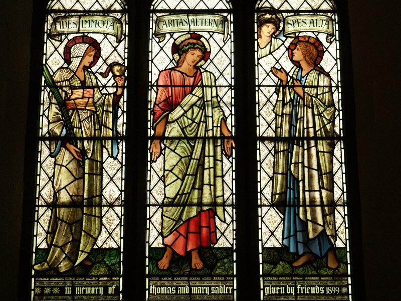 London, England: Rosslyn Hill Unitarian Chapel: Faith, Charity, Hope (1889, Edward Burne-Jones)