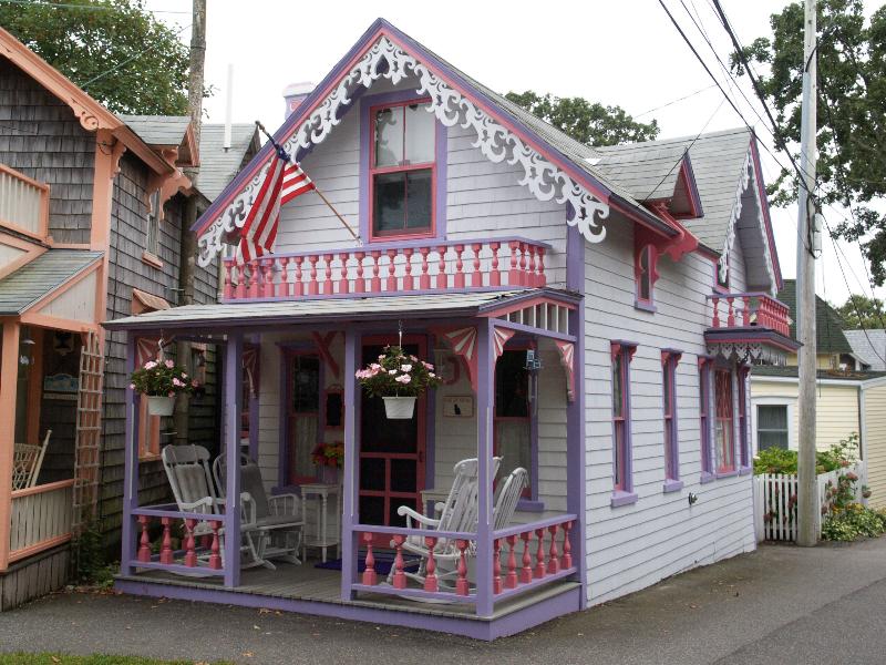 Oak Bluffs, Massachusetts (MA): Martha's Vineyard Camp Meeting Association (Wesleyan Grove): purplish house