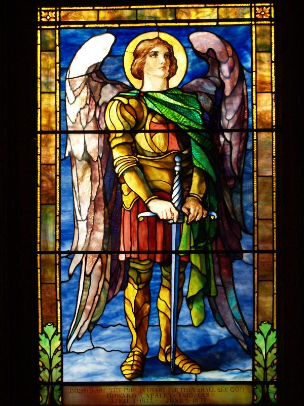 Southampton, New York (NY): St. Andrew's Dune Church: Knight with angel wings (David and Helen Maitland Armstrong)