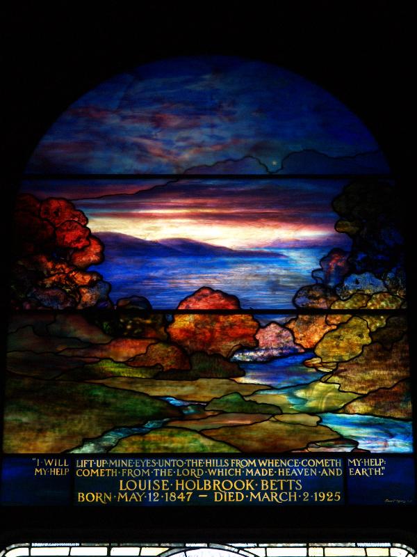 Southampton, New York (NY): St. Andrew's Dune Church: River flowing into a body of water with hills in the distance (Tiffany Studios)