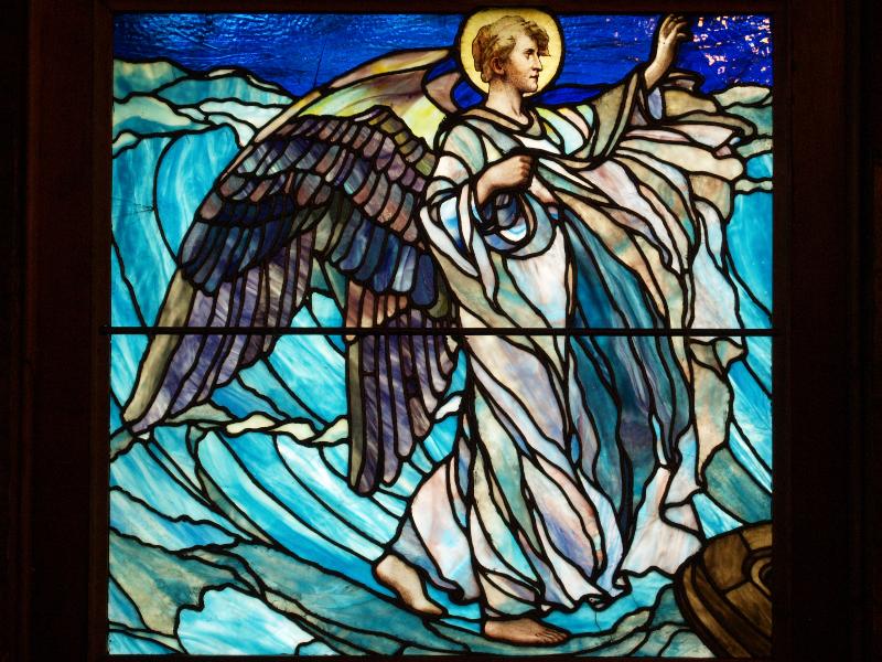 Quogue, New York (NY): Church of the Atonement: angel (from St Paul and an angel in stormy sea) (1902, unknown maker)