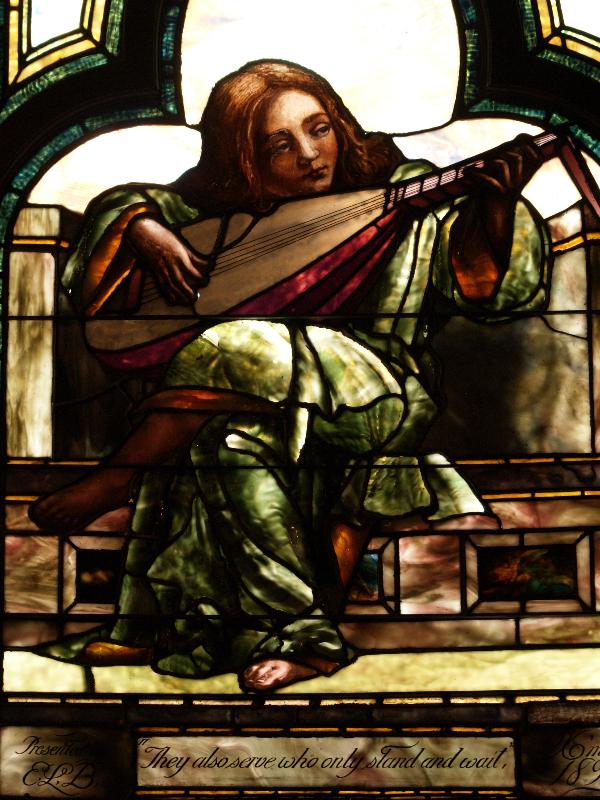 Tuxedo Park, New York (NY): St Mary's-in-Tuxedo Church: Angel Playing a Musical Instrument (1890, Tiffany)