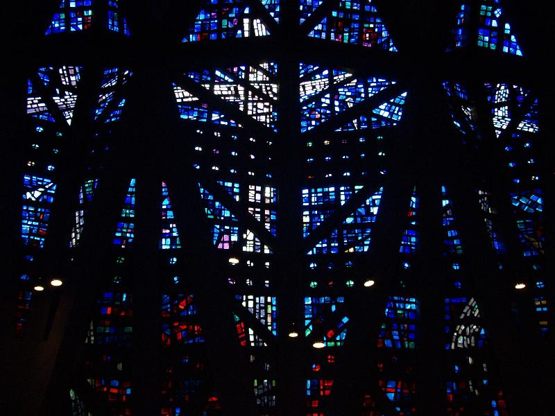 Stamford, Connecticut (CT): First Presbyterian Church (The Fish): three crosses (Crucifixion) (1956-1957, architect Wallace K Harrison of Harrison & Abramovitz, glass created by Gabriel Loire in France, designed by Harrison and them)