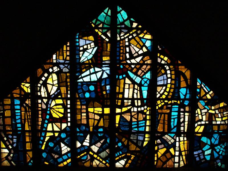 Stamford, Connecticut (CT): First Presbyterian Church (The Fish): chapel window, wonders of creation (architect Willis N. Mills of Sherwood of Mills & Smith, glass created by Gabriel Loire in France)