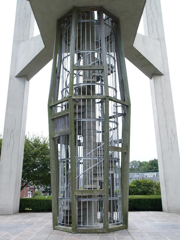 Stamford, Connecticut (CT): First Presbyterian Church (The Fish): Maguire Memorial Carillon Tower, stairs (1968, Walter K Harrison of Harrison & Abramovitz)