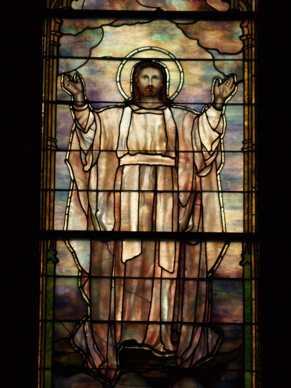 Stamford, Connecticut (CT): St John's Episcopal Church: Transfiguration, Christ (1901, Tiffany Glass and Decorating Company, designed by Frederick Wilson)