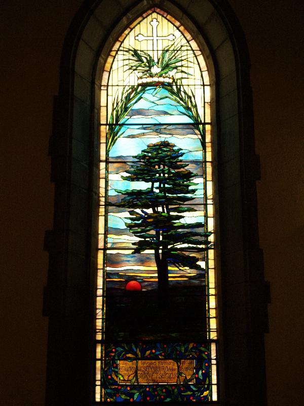 Litchfield, Connecticut (CT): St Michael's Parish: landscape depicting tree and sunset (1893, Heinigke & Bowen, designed by Emily Noyes Vanderpoel)