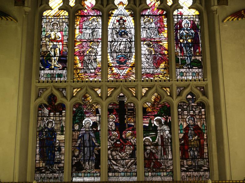 Leicester, England: Leicester Cathedral: WWI memorial window (Great East Window) (1920, designed and made by Christopher Whall)