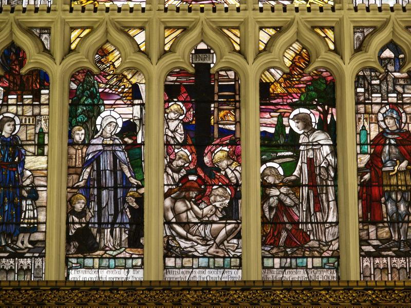 Leicester, England: Leicester Cathedral: WWI memorial window (Great East Window), Descent from the Cross (1920, designed and made by Christopher Whall)