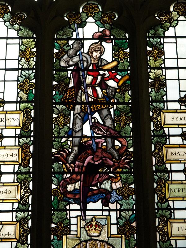 Leicester, England: Leicester Cathedral: WW2 memorial window, St George (1949, designed and made by Francis Spear)