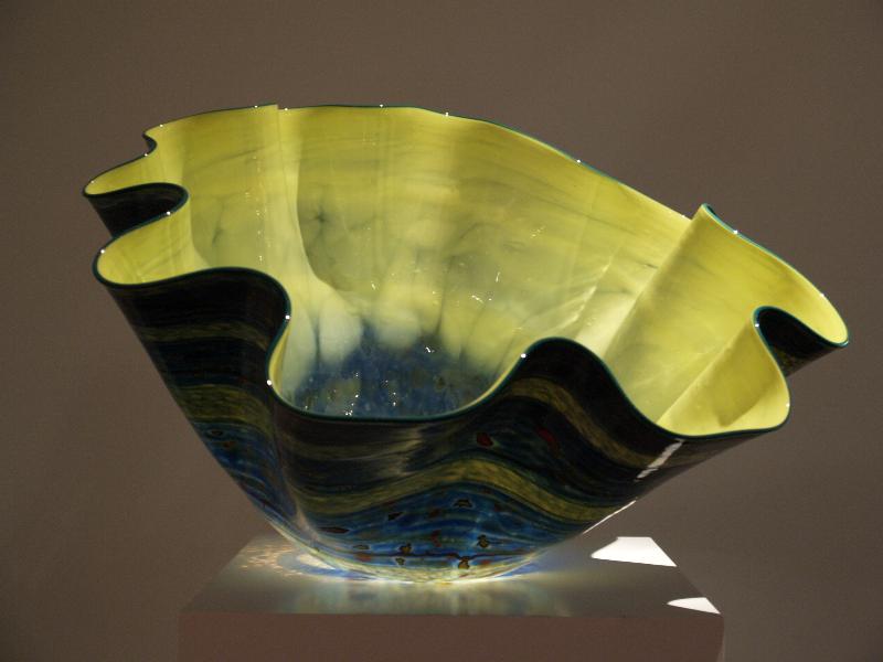 London, England: New Bond Street, Halcyon Gallery: Patent Yellow Macchia with Teal Lip Wrap (glass artist Dale Chihuly)