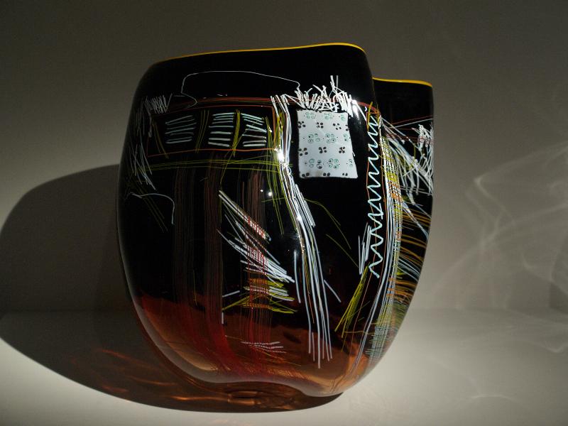 London, England: New Bond Street, Halcyon Gallery: Black Scarlet Soft Cylinder with Yellow Lip Wrap (glass artist Dale Chihuly)